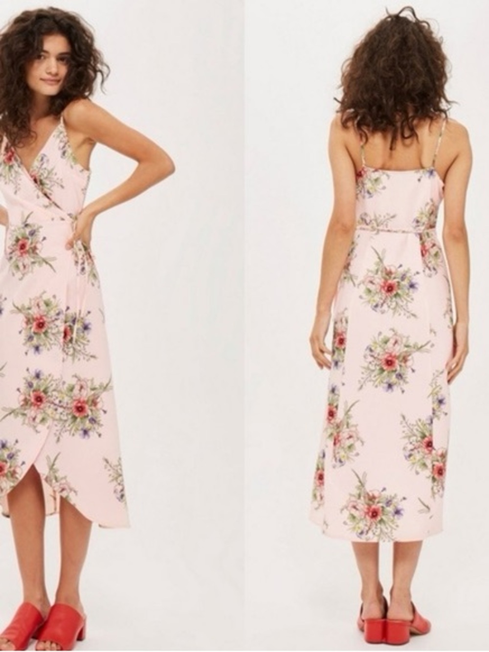 Topshop Floral Wrap Midi Dress in Light Pink